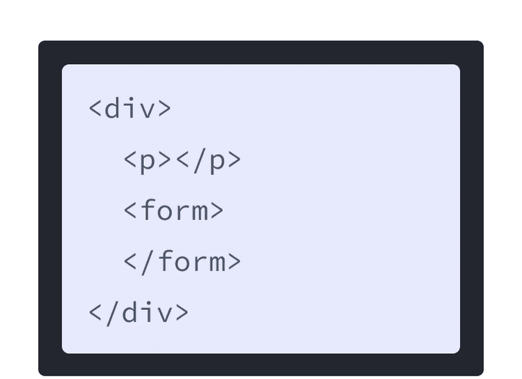 HTML markup with purple background and a div with two child tags: p and form. 